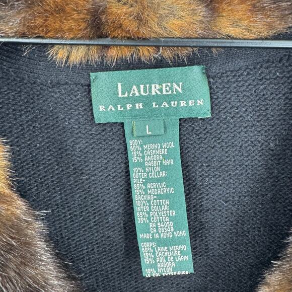 Lauren Ralph Lauren Black Merino Cashmere Angora Cardigan Faux Fur Collar Size L - Picture 2 of 9